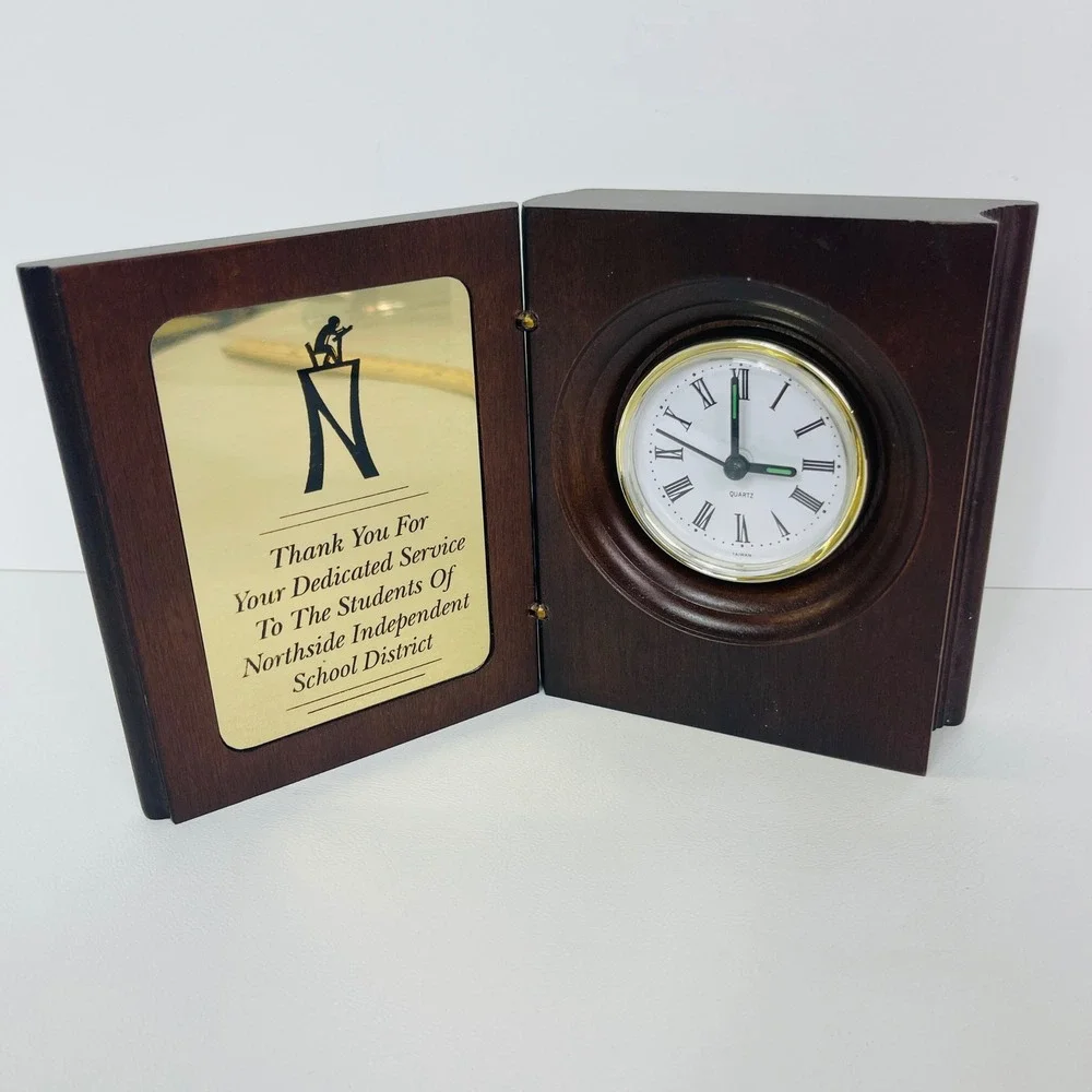 Monarch Trophy Wooden Book Desk Clock Brown Roman Numeral Quartz NISD Award Good